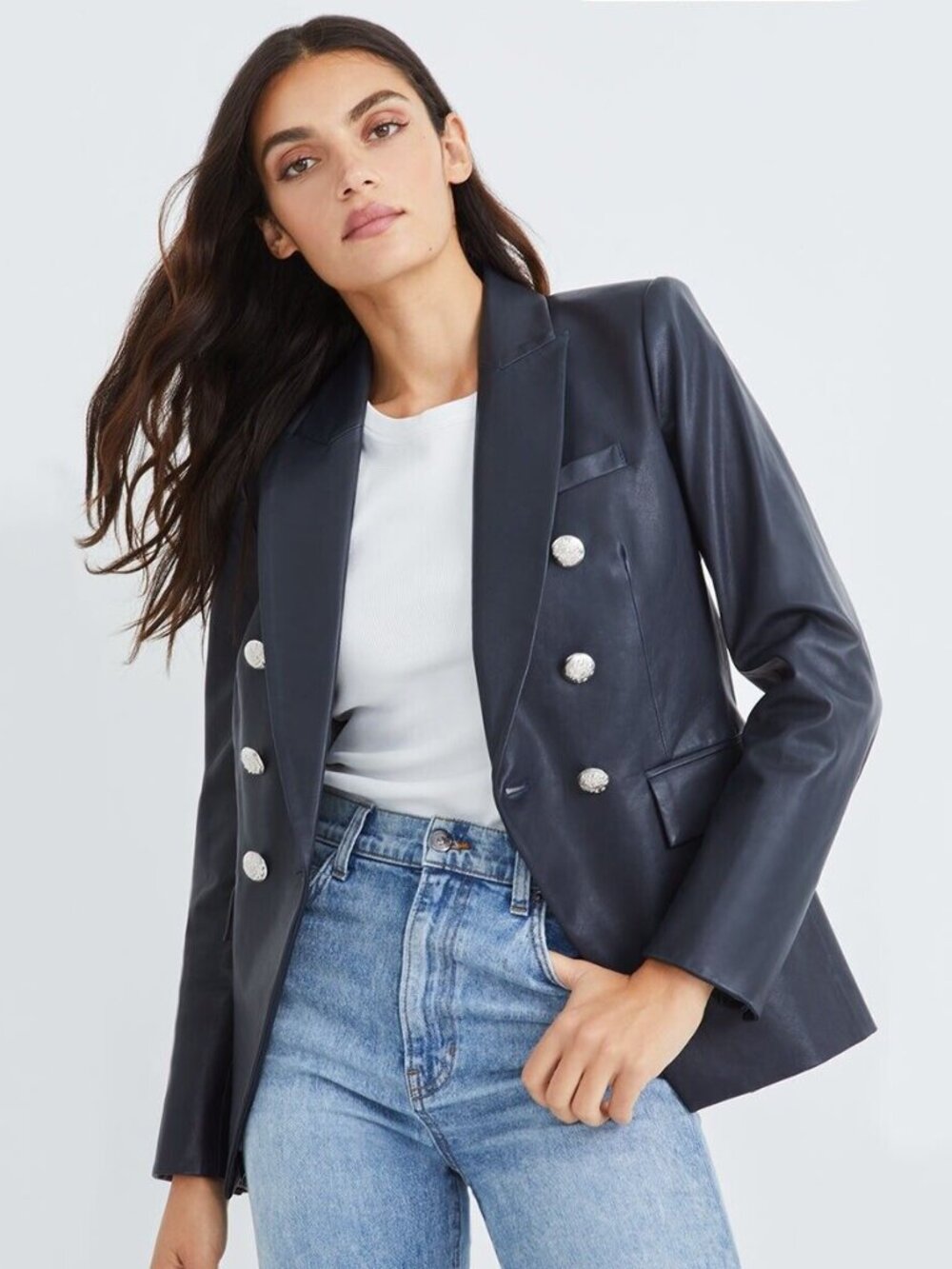 Veronica Beard Leather Miller Dickey Blazer Navy Silver Buttons Jacket Size 10 - Picture 3 of 10